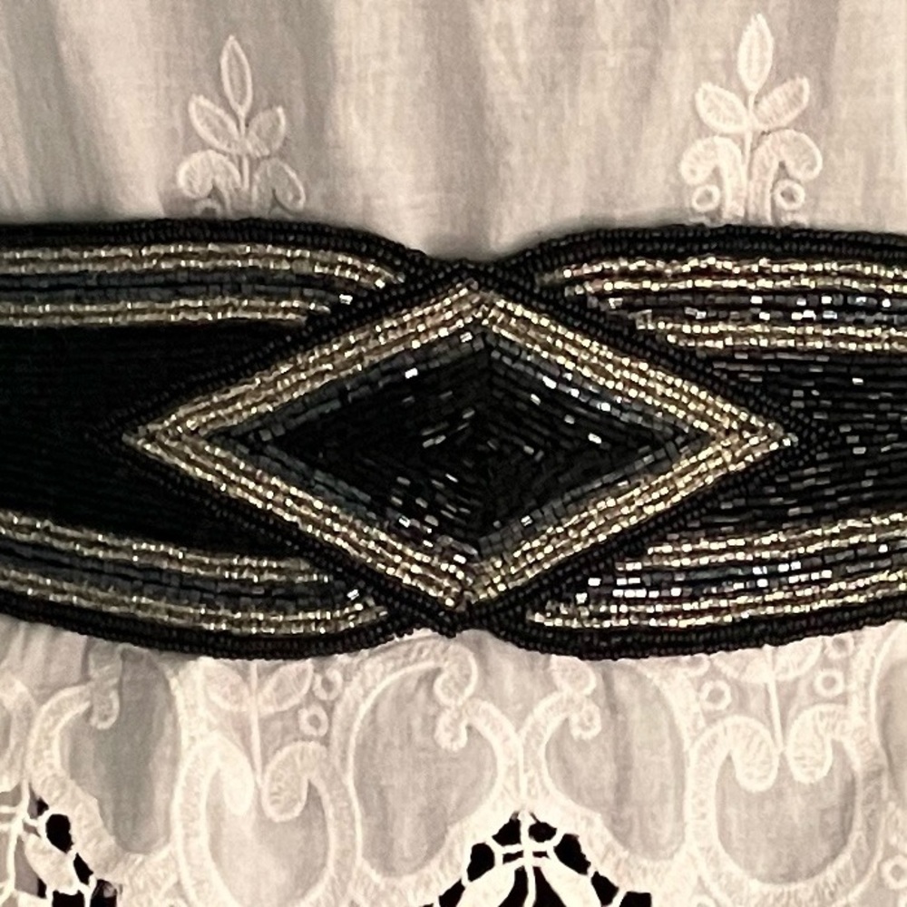 Vintage Carla Marchi Black and Silver Beaded Stretch Belt Art Deco Cinch Waist - Picture 3 of 11
